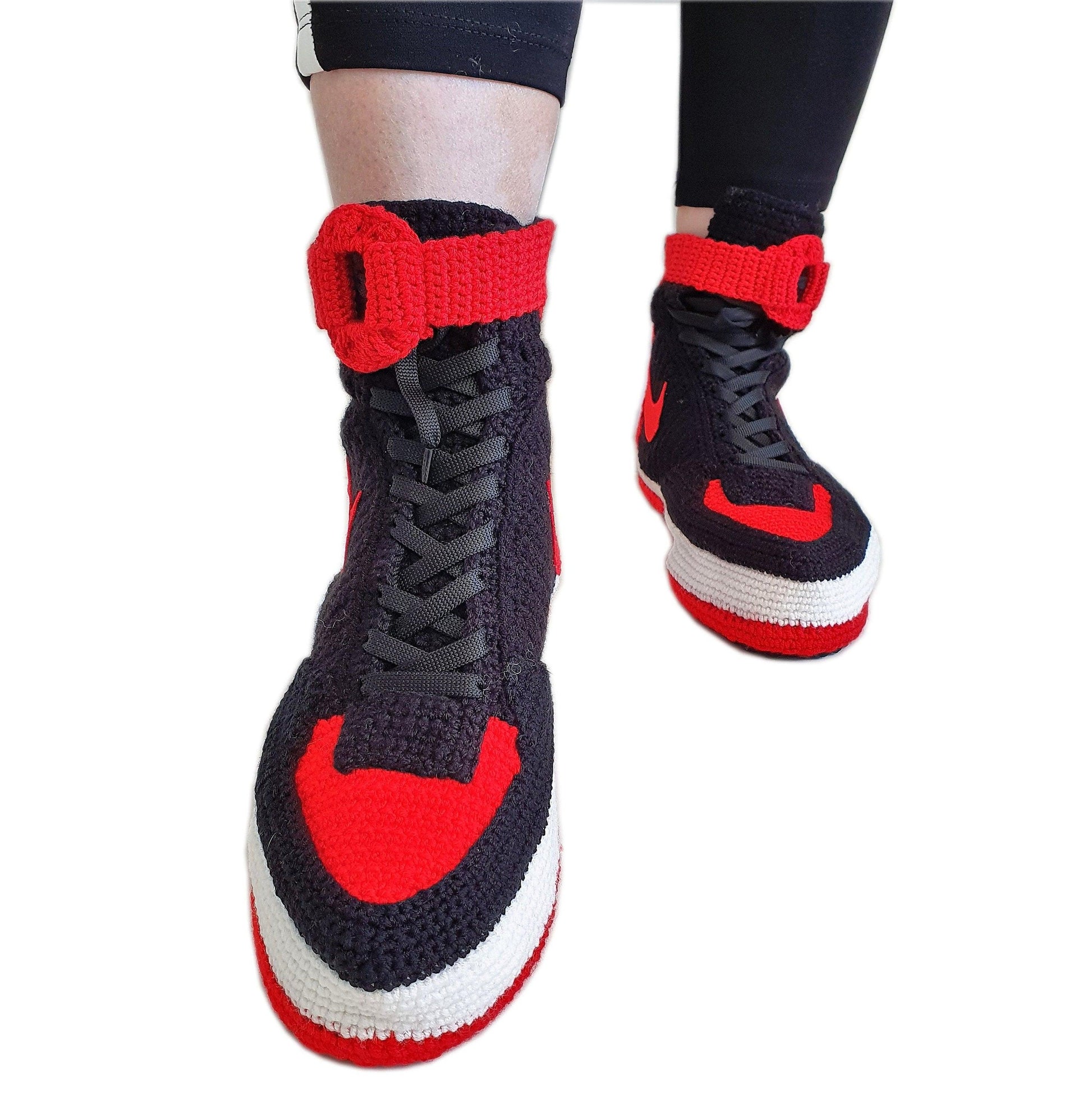 Air Force 1 High Top Red And Black Crochet Style Sneakers Handmade Slippers - Byseay