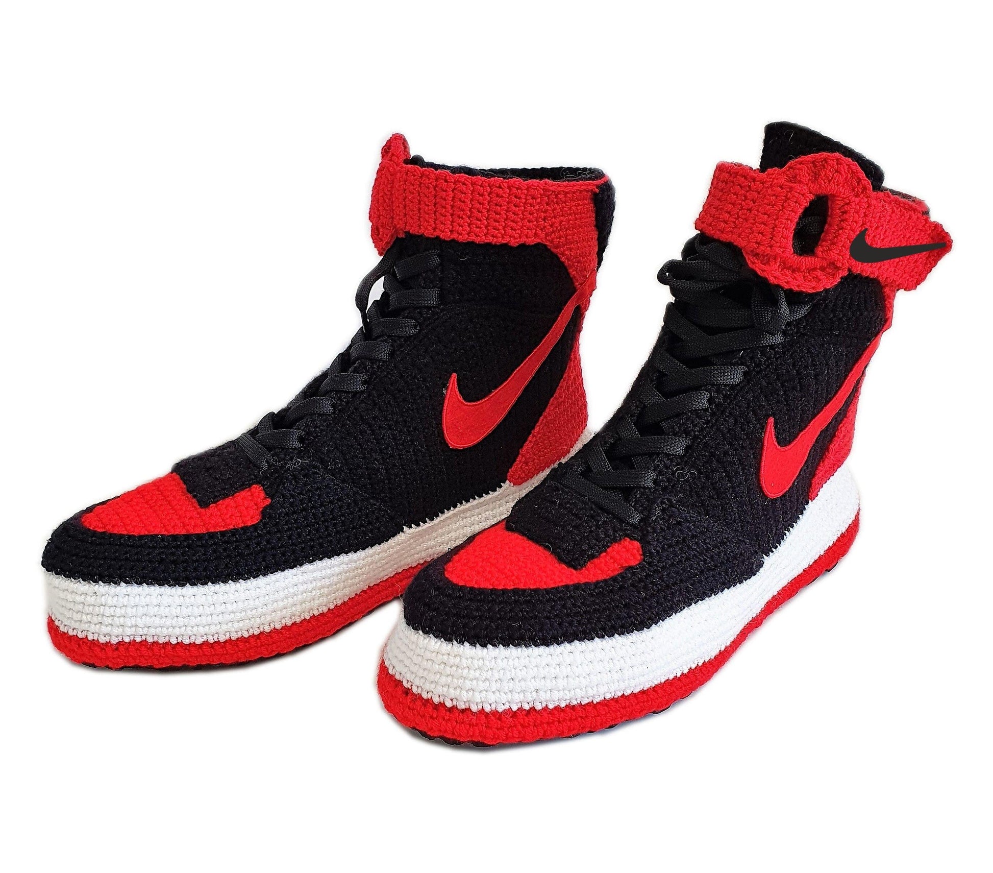 Air Force 1 High Top Red And Black Crochet Style Sneakers Handmade Slippers - Byseay