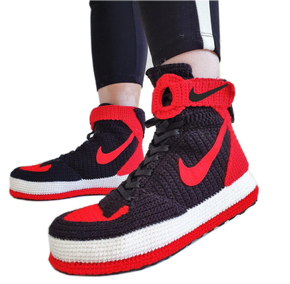 Air Force 1 High Top Red And Black Crochet Style Sneakers Handmade Slippers - Byseay