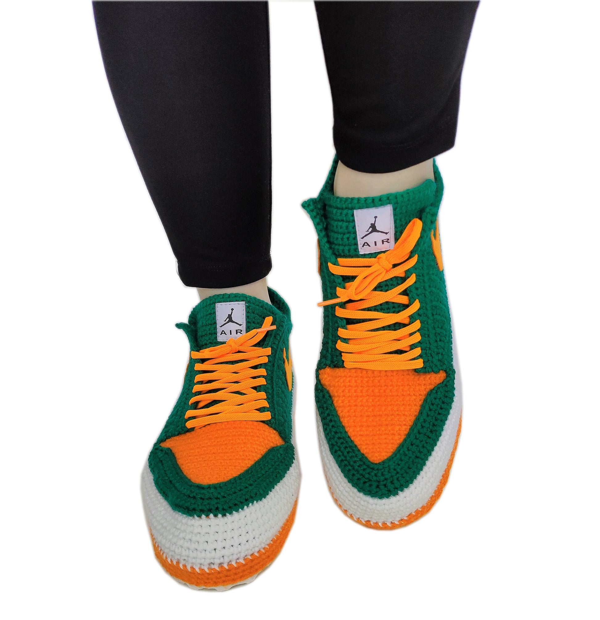 U Miami Hurricanes Air Jordan Slippers, University Football Team, Crochet Green and Orange Sneakers, Warn Knitted House Shoes, Custom Jordan - Byseay