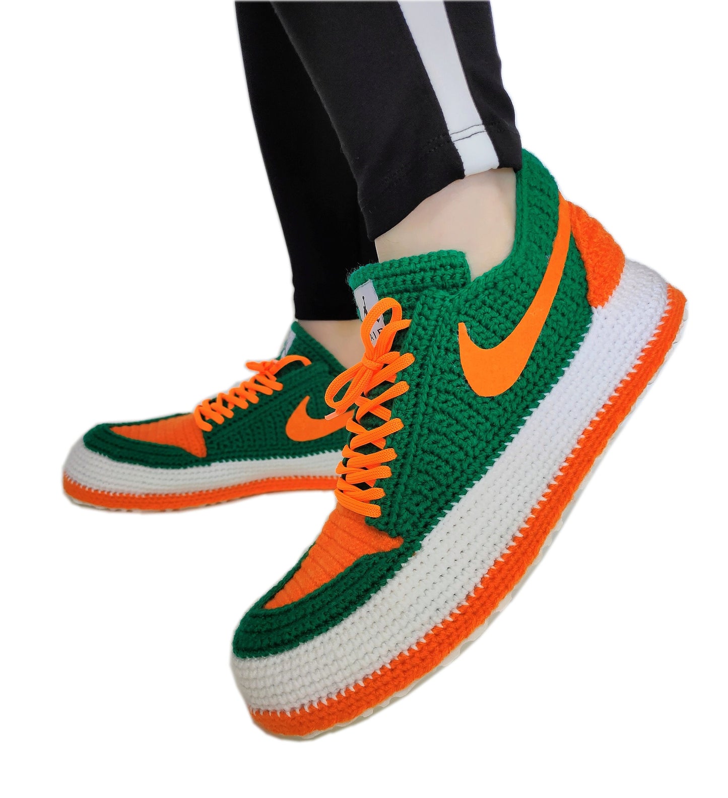 U Miami Hurricanes Air Jordan Slippers, University Football Team, Crochet Green and Orange Sneakers, Warn Knitted House Shoes, Custom Jordan - Byseay