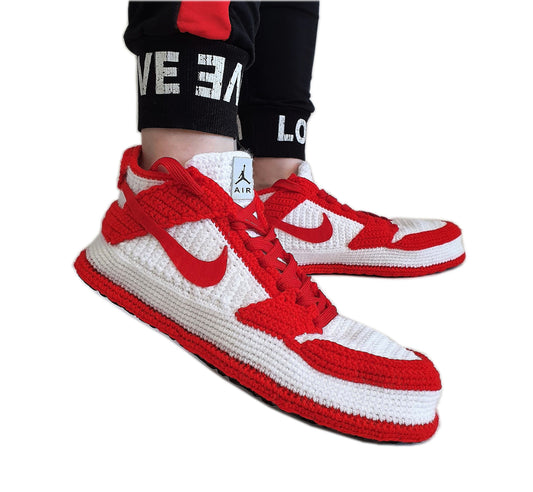 Handmade Crochet Jordan Dunk Low Retro Red Style Home Slippers, Handmade Exclusive Design House Slippers Shoes, Custom Sneakers Shoes