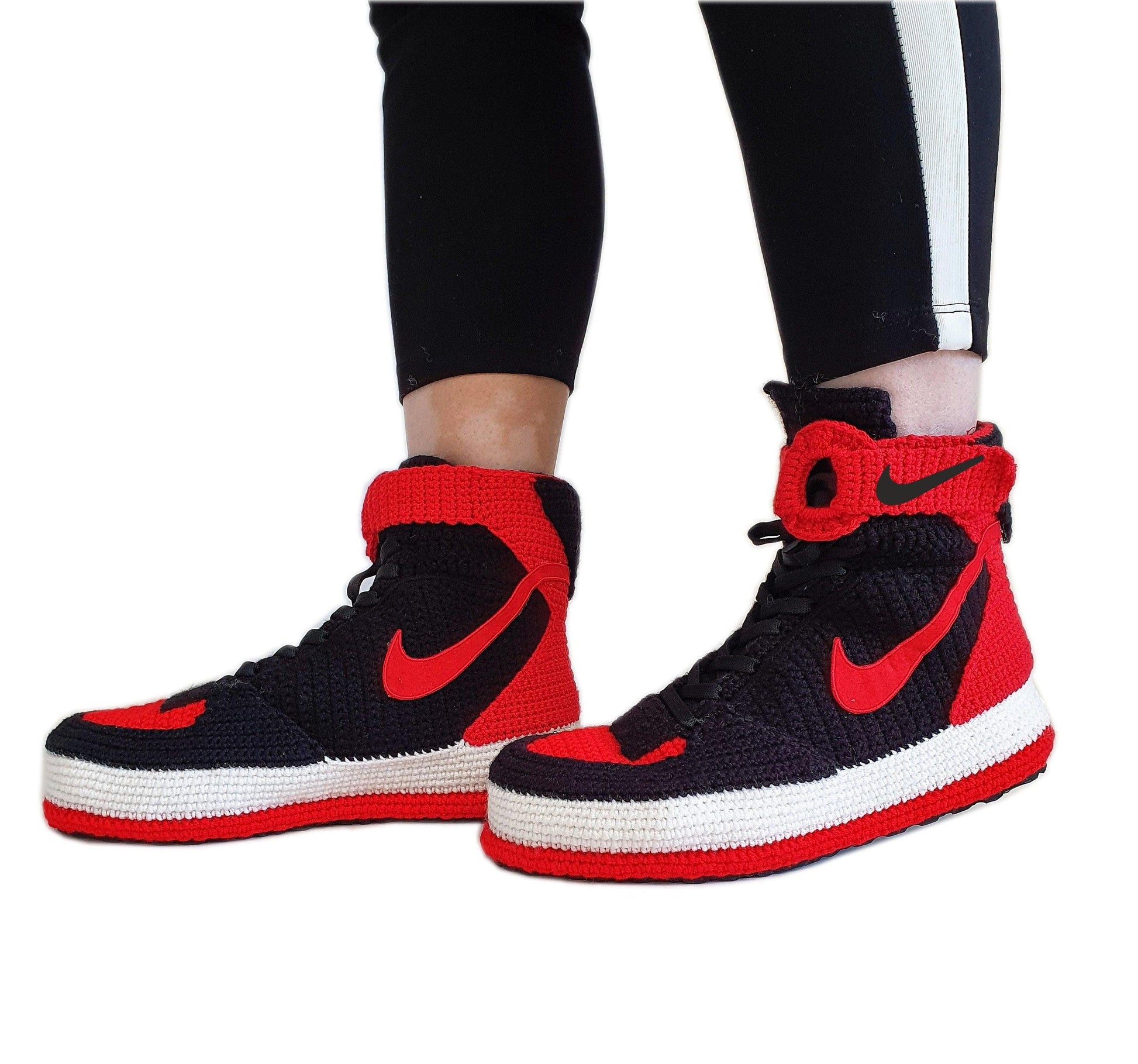 Air Force 1 High Top Red And Black Crochet Style Sneakers Handmade Slippers - Byseay