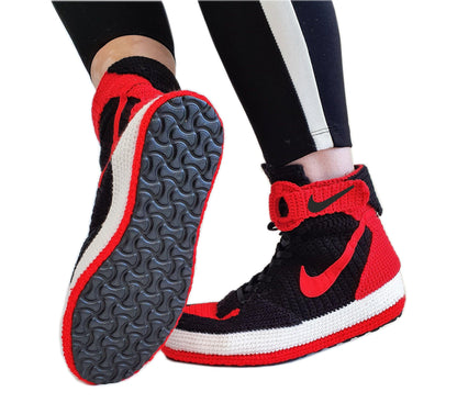 Air Force 1 High Top Red And Black Crochet Style Sneakers Handmade Slippers - Byseay