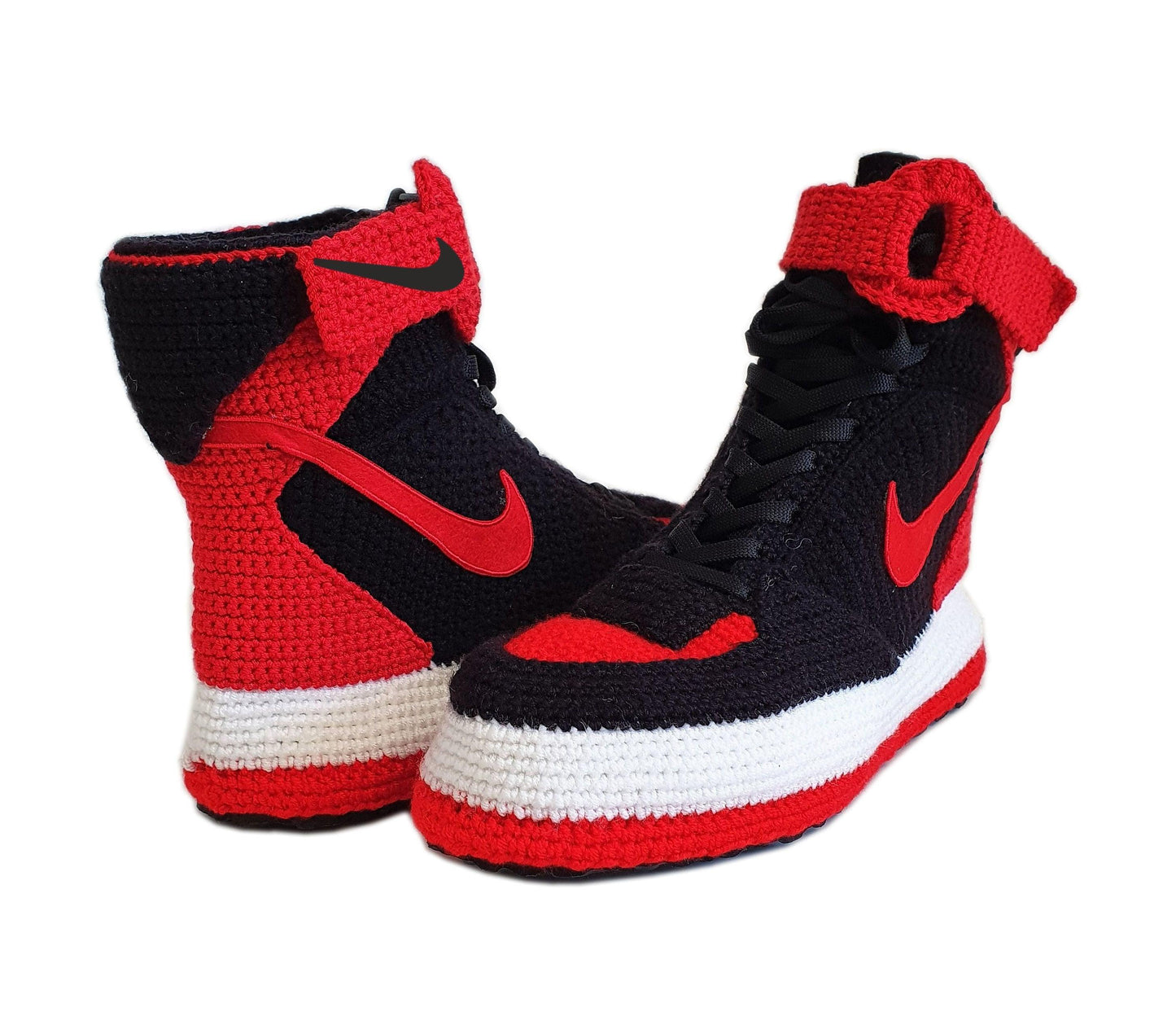 Air Force 1 High Top Red And Black Crochet Style Sneakers Handmade Slippers - Byseay