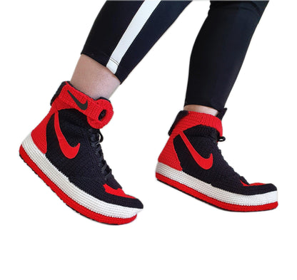 Air Force 1 High Top Red And Black Crochet Style Sneakers Handmade Slippers - Byseay