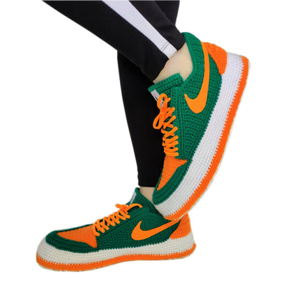 U Miami Hurricanes Air Jordan Slippers, University Football Team, Crochet Green and Orange Sneakers, Warn Knitted House Shoes, Custom Jordan - Byseay