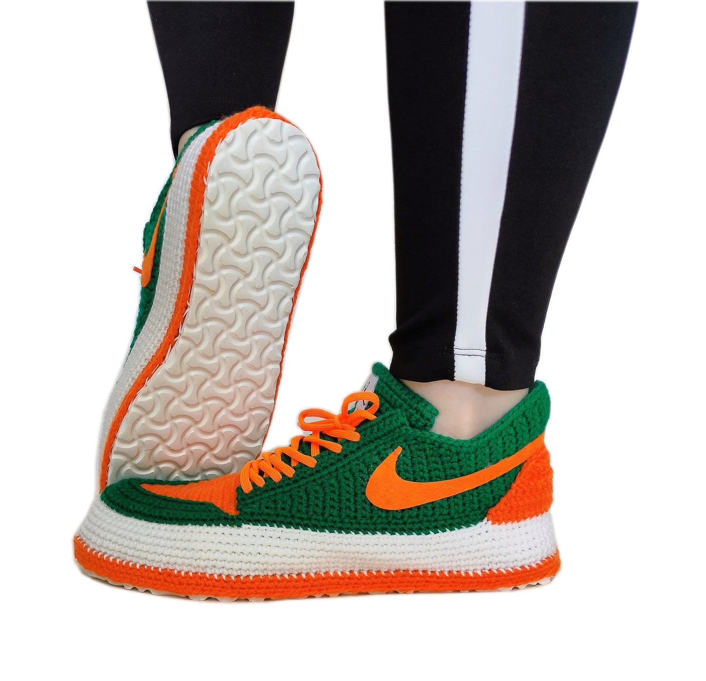 U Miami Hurricanes Air Jordan Slippers, University Football Team, Crochet Green and Orange Sneakers, Warn Knitted House Shoes, Custom Jordan - Byseay