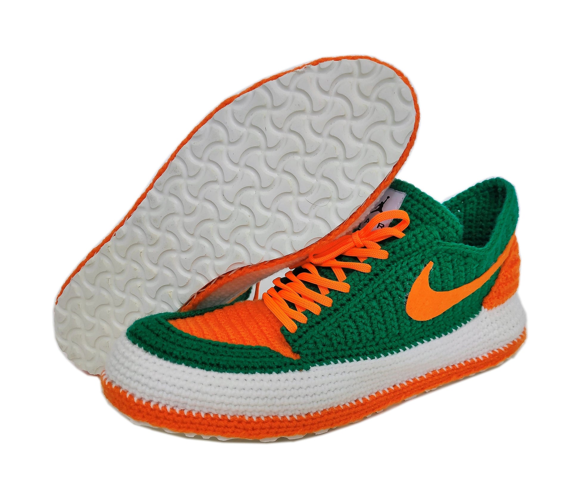 U Miami Hurricanes Air Jordan Slippers, University Football Team, Crochet Green and Orange Sneakers, Warn Knitted House Shoes, Custom Jordan - Byseay