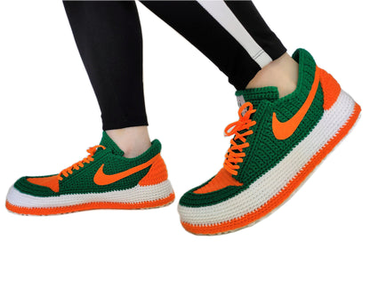 U Miami Hurricanes Air Jordan Slippers, University Football Team, Crochet Green and Orange Sneakers, Warn Knitted House Shoes, Custom Jordan - Byseay