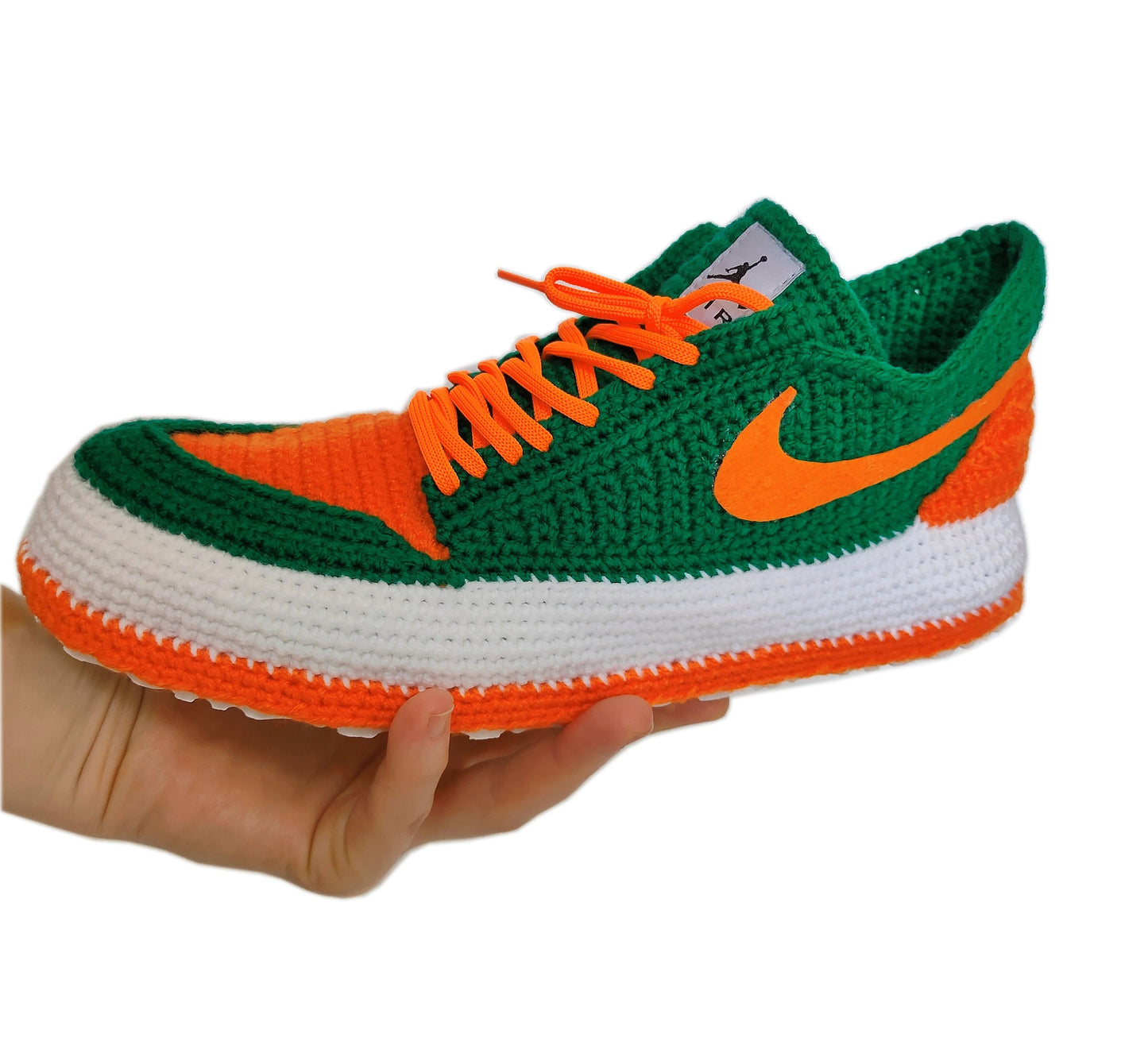 U Miami Hurricanes Air Jordan Slippers, University Football Team, Crochet Green and Orange Sneakers, Warn Knitted House Shoes, Custom Jordan - Byseay