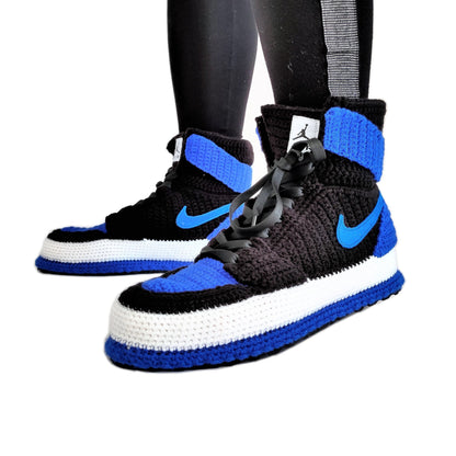 Crochet Air Jordan 1 Retro Royal Blue Home Shoe, Sneakers Basketball Crochet Slippers, Custom Printed Knitting Handmade Jordan Men Best Gift