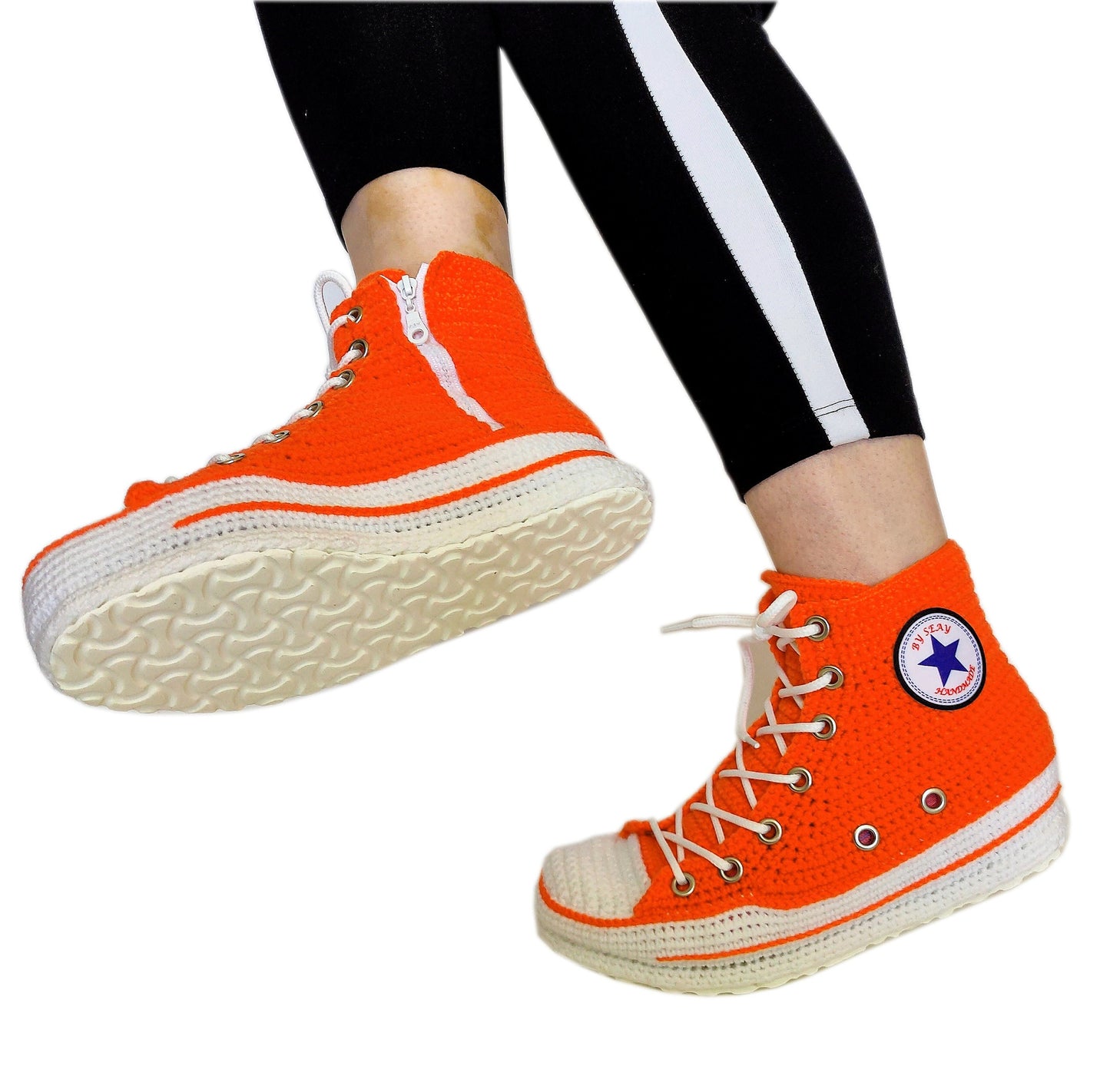 Orange Converse Sneakers Custom Crochet Knitted Slippers Breathable Soft Plush Sock - Byseay