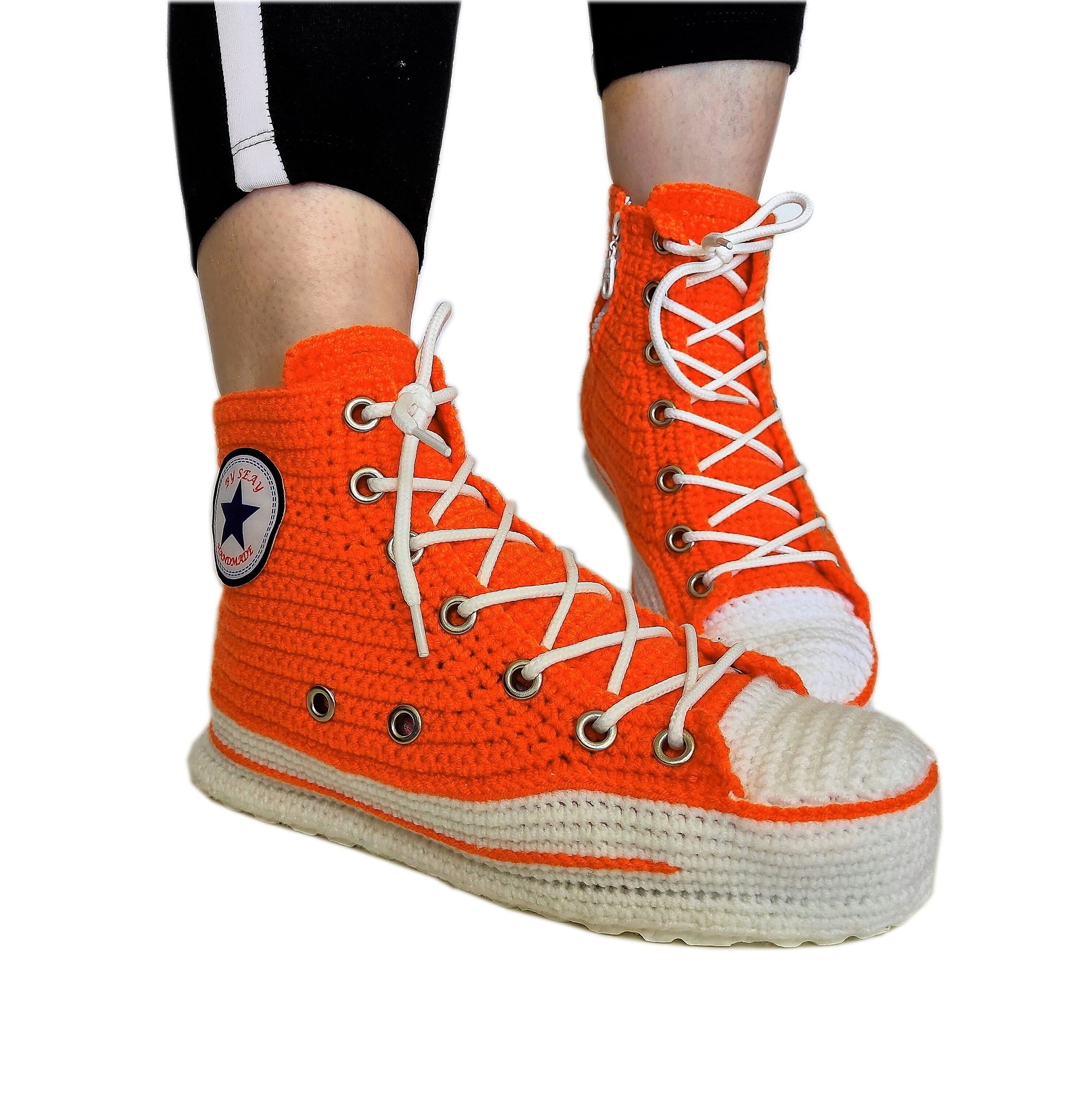 Orange Converse Sneakers Custom Crochet Knitted Slippers Breathable Soft Plush Sock - Byseay