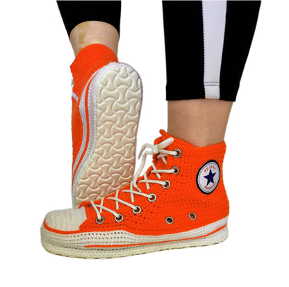 Orange Converse Sneakers Custom Crochet Knitted Slippers Breathable Soft Plush Sock - Byseay