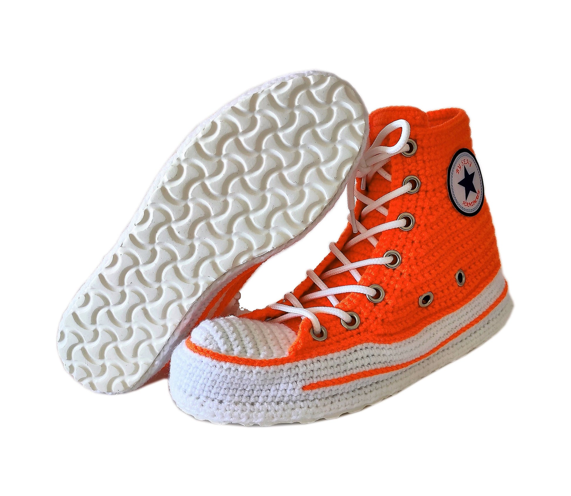 Orange Converse Sneakers Custom Crochet Knitted Slippers Breathable Soft Plush Sock - Byseay