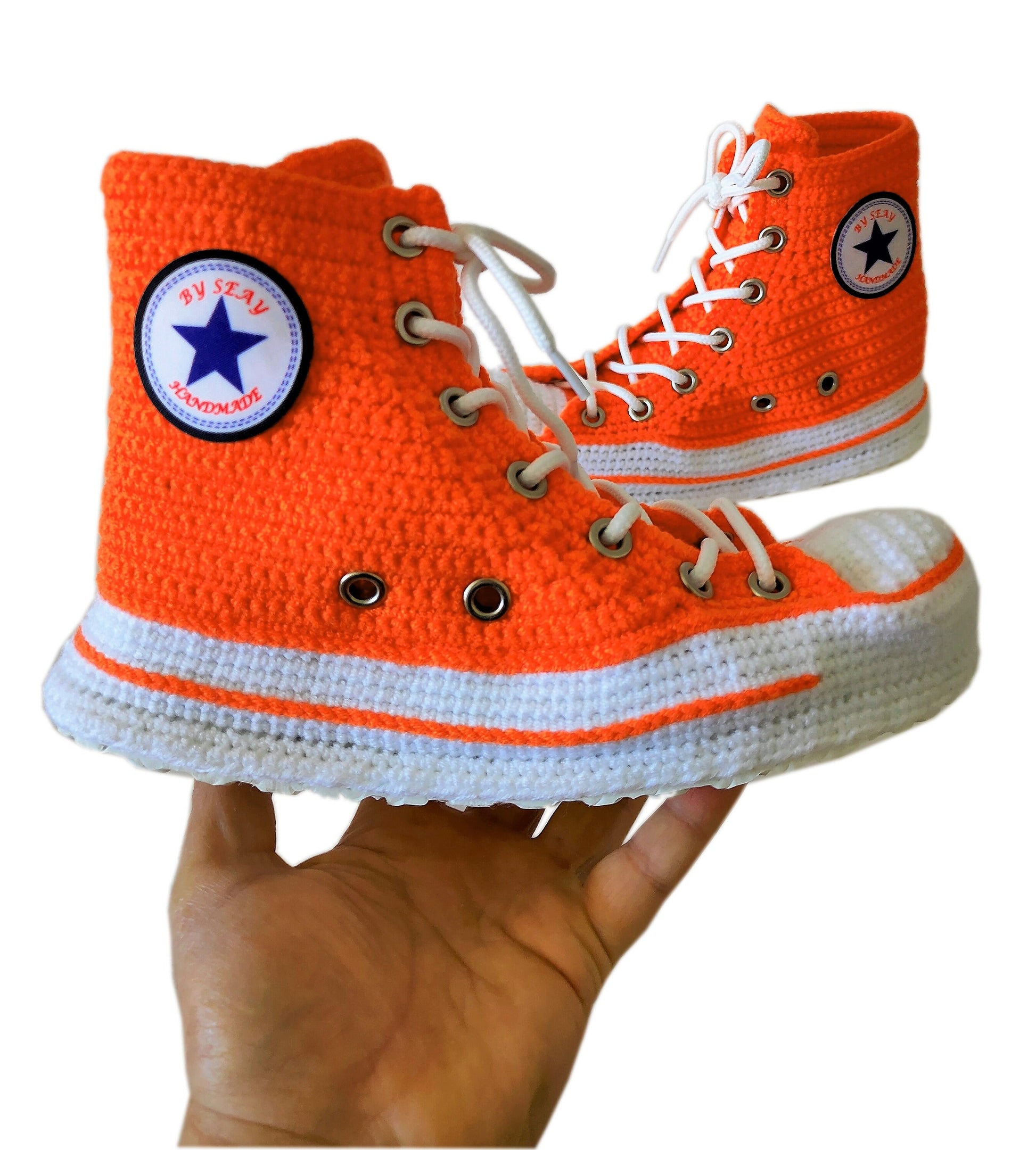 Orange Converse Sneakers Custom Crochet Knitted Slippers Breathable Soft Plush Sock - Byseay