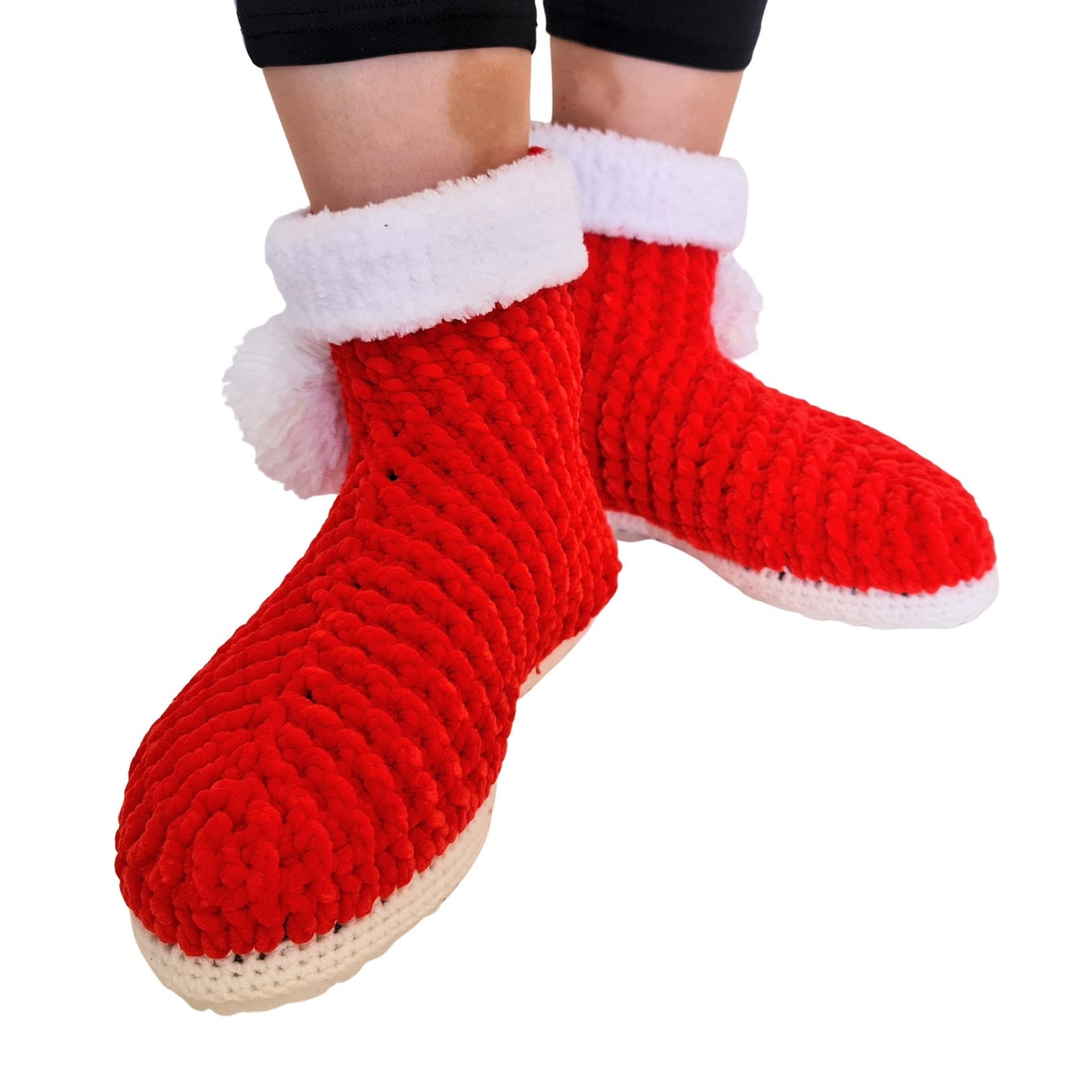 Christmas Stocking Pompom Cozy Holiday Knit Slippers Socks - Red Wool Fuzzy Non Slip House Plush Shoes - Byseay