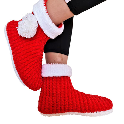 Christmas Stocking Pompom Cozy Holiday Knit Slippers Socks - Red Wool Fuzzy Non Slip House Plush Shoes - Byseay