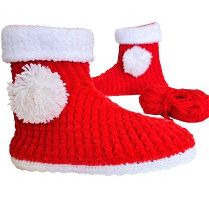 Christmas Stocking Pompom Cozy Holiday Knit Slippers Socks - Red Wool Fuzzy Non Slip House Plush Shoes - Byseay