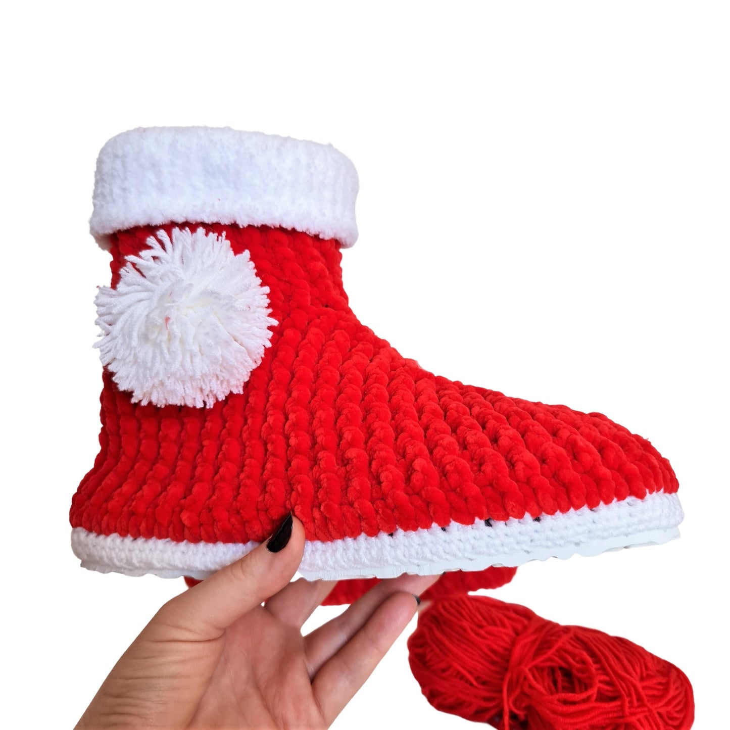 Christmas Stocking Pompom Cozy Holiday Knit Slippers Socks - Red Wool Fuzzy Non Slip House Plush Shoes - Byseay