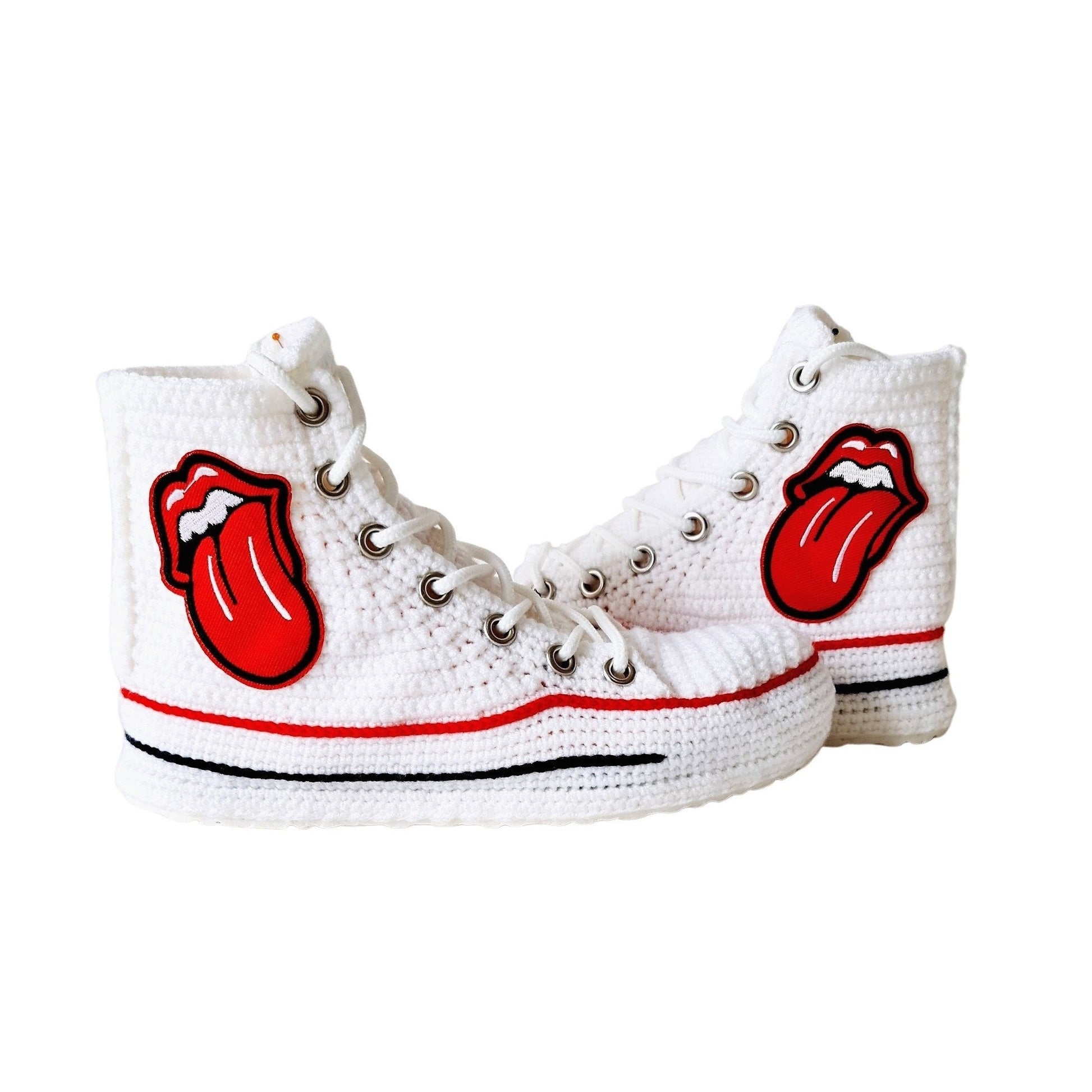 Converse Emoji Nakış Custom Sneakers Plush Crochet High Top Slippers Platform Shoes - Red Lips Tongue Patches Sexy Sneaker - Patch Socks