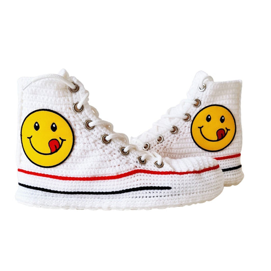 Classic Women Canvas Shoes Emoji Smiley Face Men Casual Sneakers, Custom Converse High Top Shoes Emoji Sneakers Slippers, Cotton Plush Soft