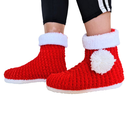 Christmas Stocking Pompom Cozy Holiday Knit Slippers Socks - Red Wool Fuzzy Non Slip House Plush Shoes - Byseay