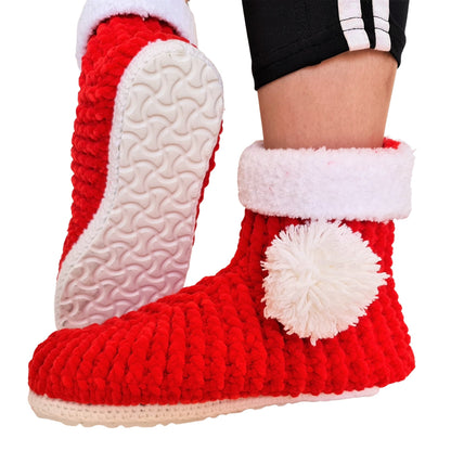 Christmas Stocking Pompom Cozy Holiday Knit Slippers Socks - Red Wool Fuzzy Non Slip House Plush Shoes - Byseay