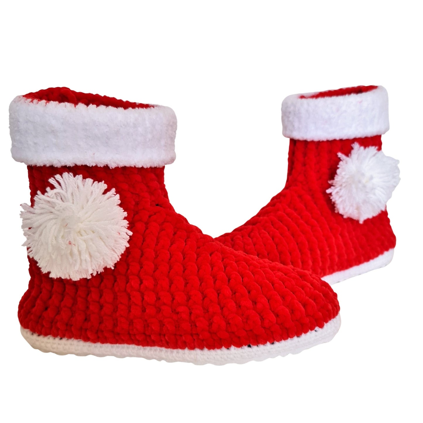 Christmas Stocking Pompom Cozy Holiday Knit Slippers Socks - Red Wool Fuzzy Non Slip House Plush Shoes - Byseay