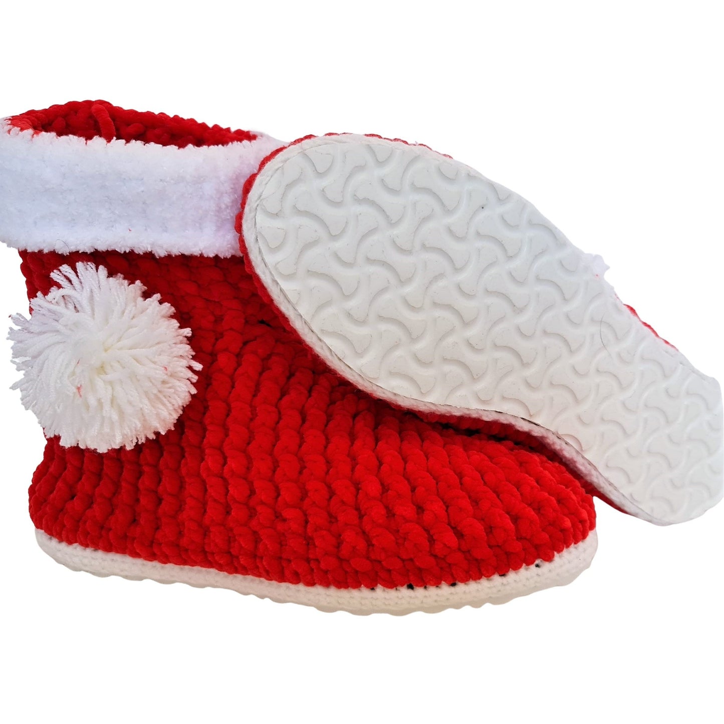 Christmas Stocking Pompom Cozy Holiday Knit Slippers Socks - Red Wool Fuzzy Non Slip House Plush Shoes - Byseay