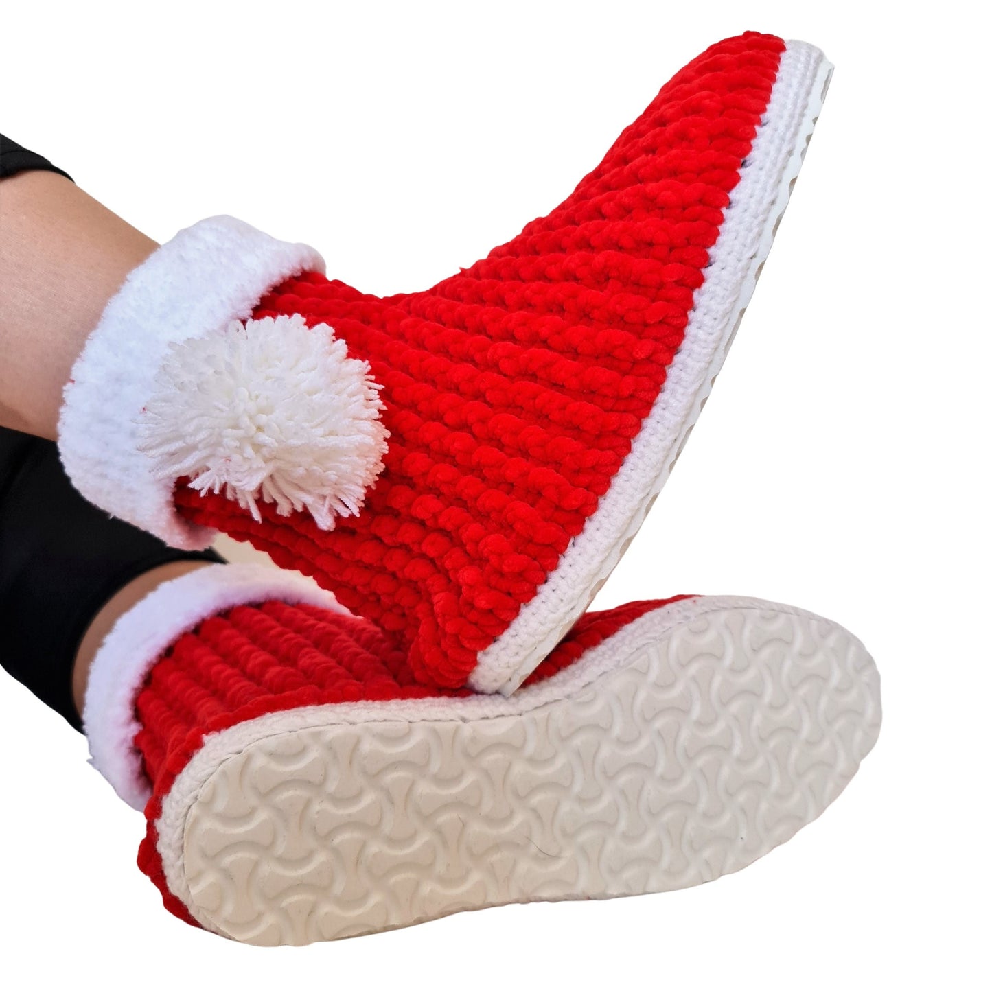 Christmas Stocking Pompom Cozy Holiday Knit Slippers Socks - Red Wool Fuzzy Non Slip House Plush Shoes - Byseay