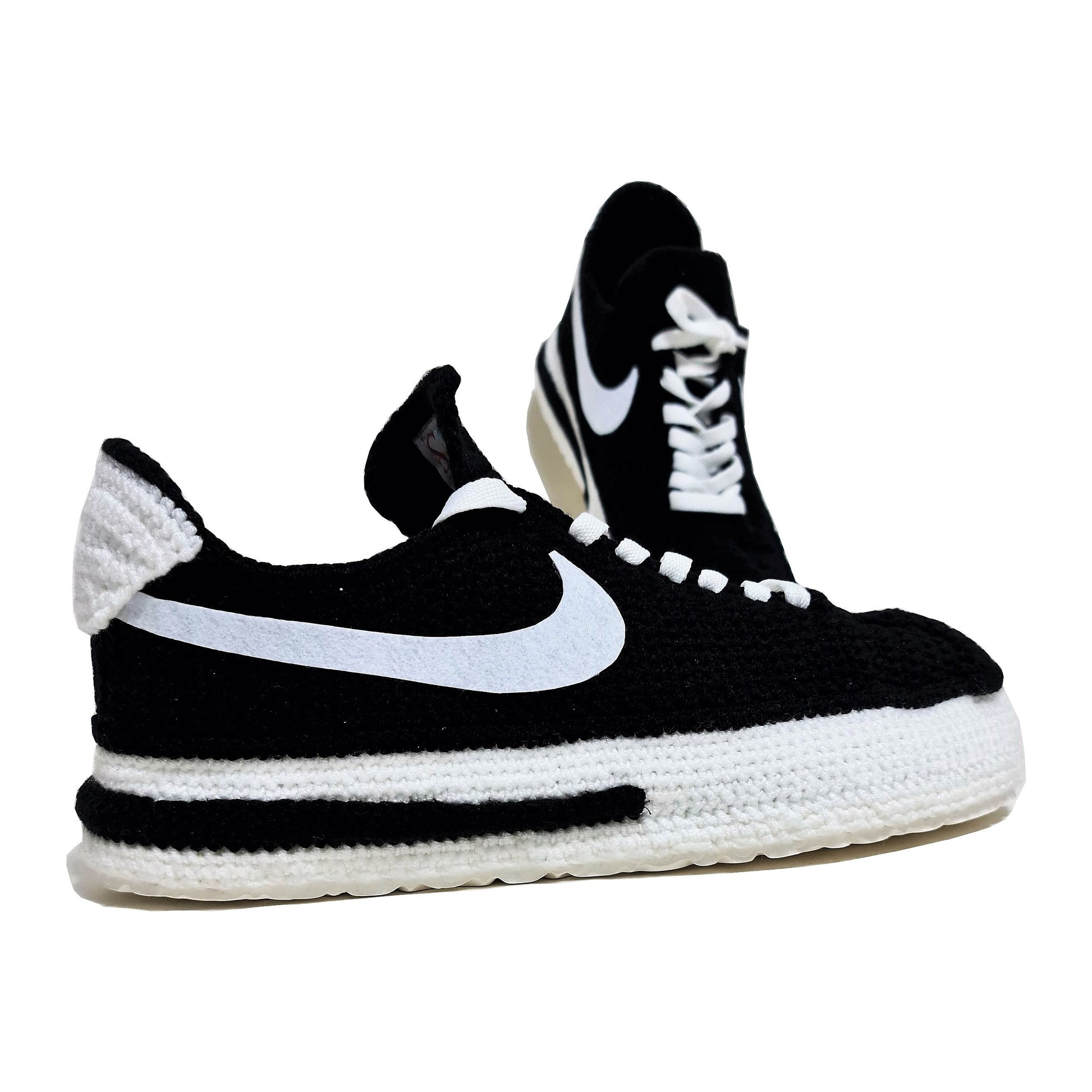 Classic Cortez Crochet Black/White Slippers Custom Sneakers - Soft Plush Breathable Socks Comfortable Shoes - Byseay