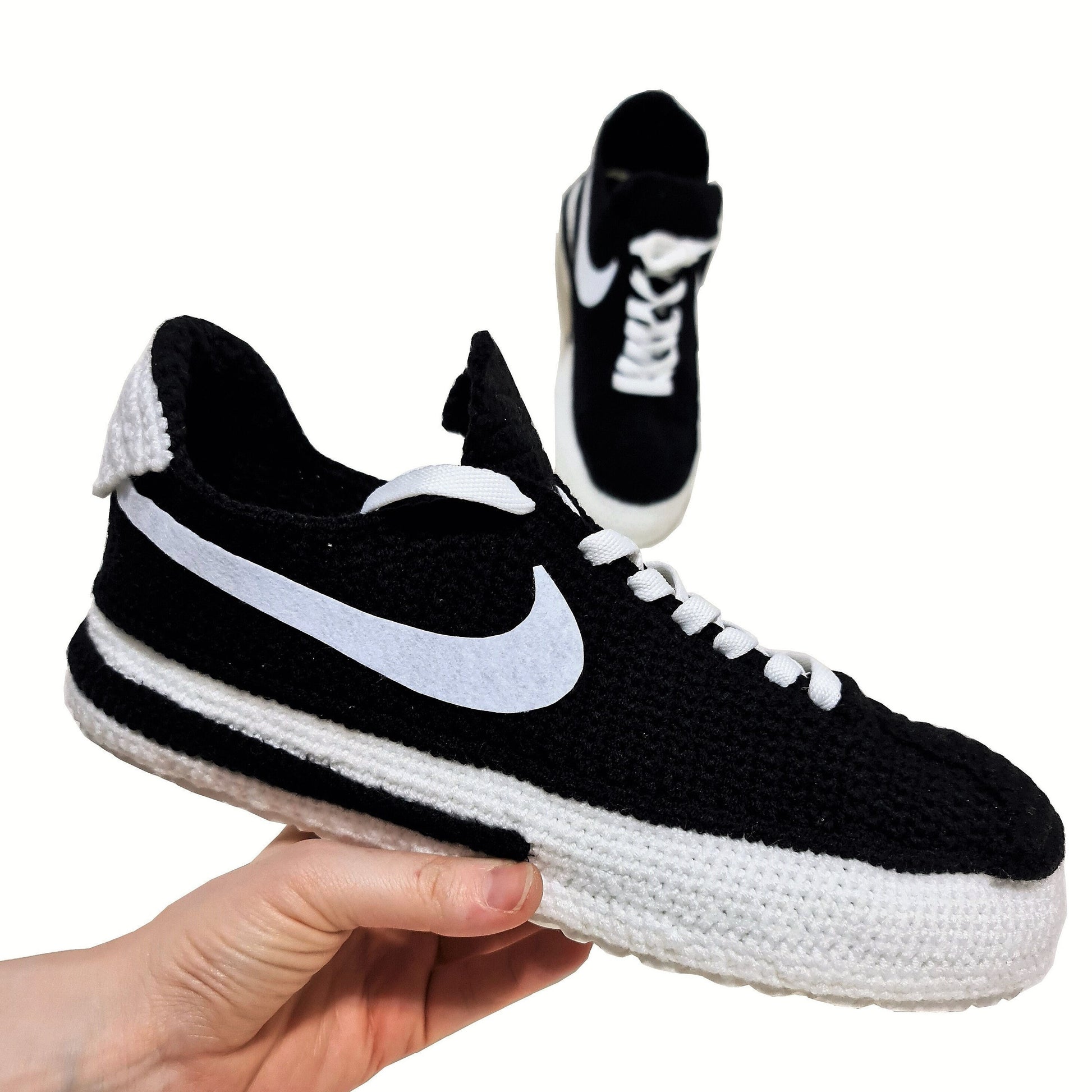 Classic Cortez Crochet Black/White Slippers Men’s and Women’s Custom Sneakers, Soft Breathable Socks Comfortable Home Knit Plush Shoes