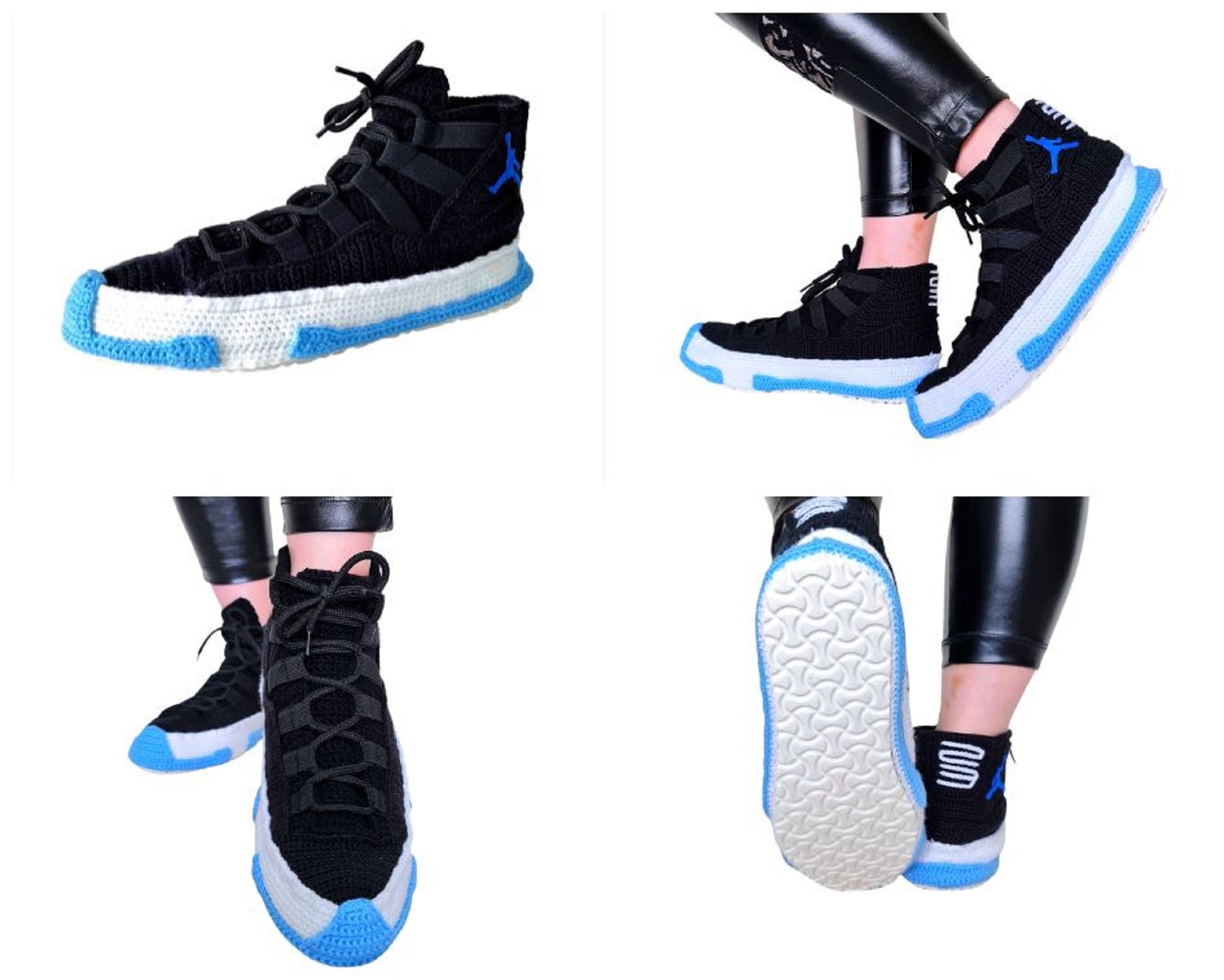 Jordan 11 Sneakers Plush Crochet Slippers - Puffy Big Size Jordans Shoes - House Plush Fluffy Banned Goods Mag Basketball Knit Booties Shoes