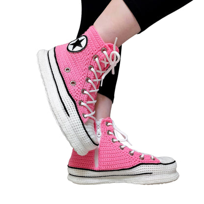 Crochet Pink Converse Platform Sneakers Slippers Women Knitting Handmade Crochet Plush House Shoes Plush - Byseay