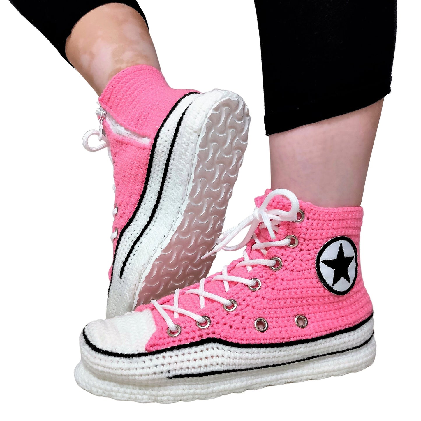 Crochet Pink Converse Platform Sneakers Slippers Women Knitting Handmade Crochet Plush House Shoes Plush