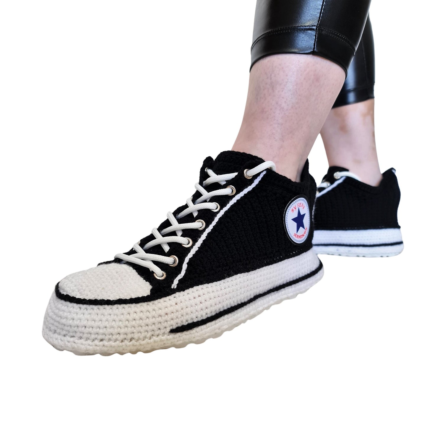 Black Converse Low Top Platform Handmade Knit Style Creative Home Slippers Sneakers Booties Shoes - Byseay