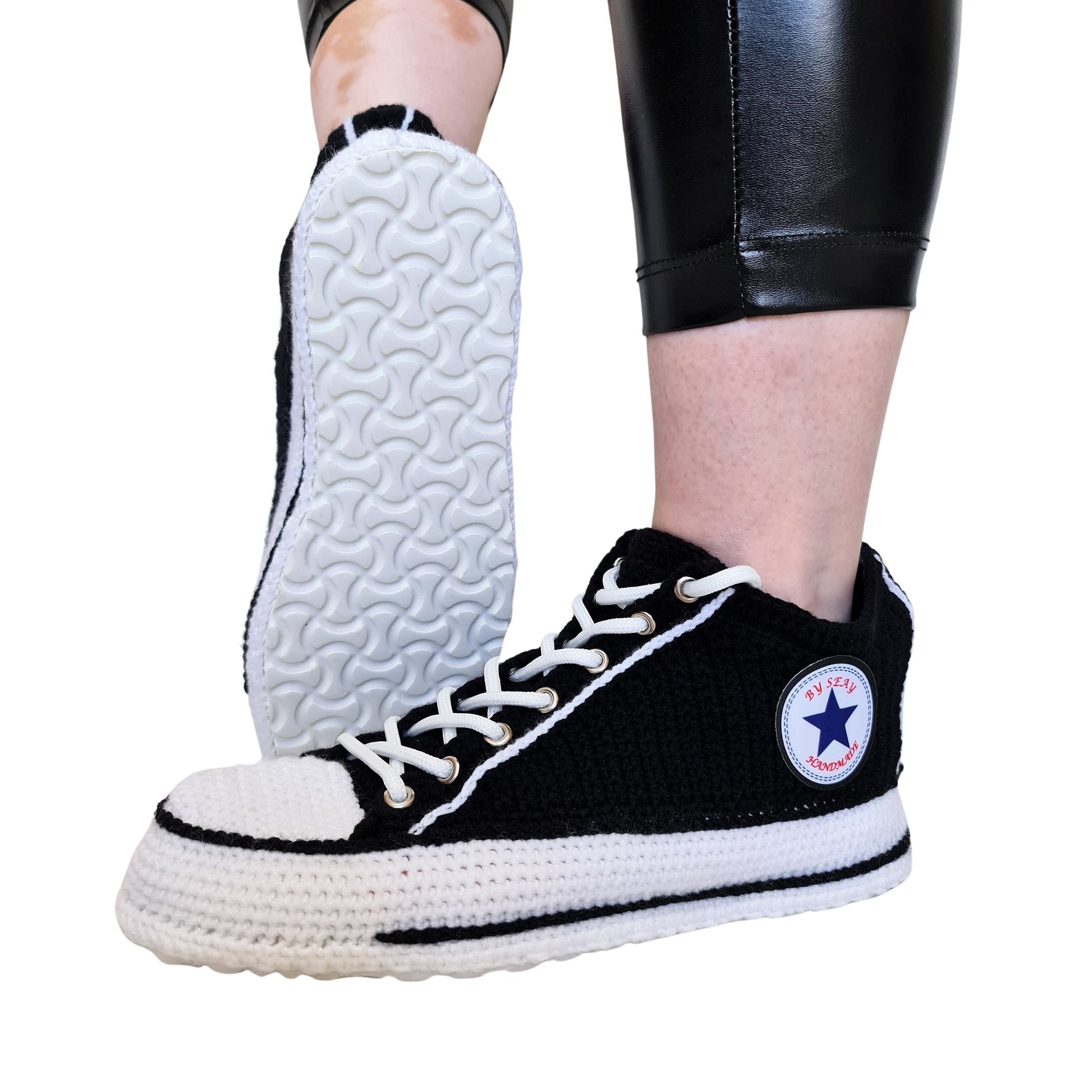 Black Converse Low Top Platform Handmade Knit Style Creative Home Slippers Sneakers Booties Shoes - Byseay