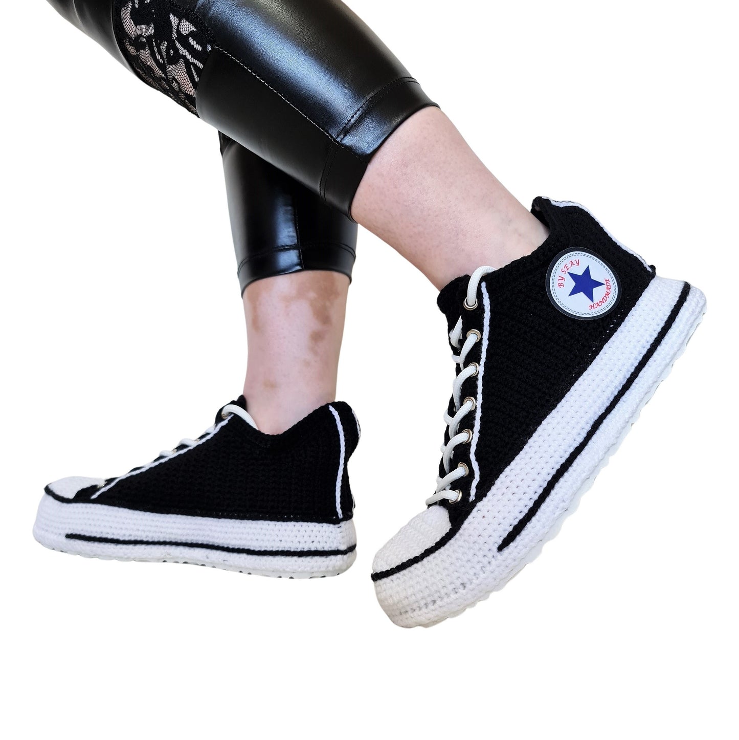 Black Converse Low Top Platform Handmade Knit Style Creative Home Slippers Sneakers Booties Shoes - Byseay