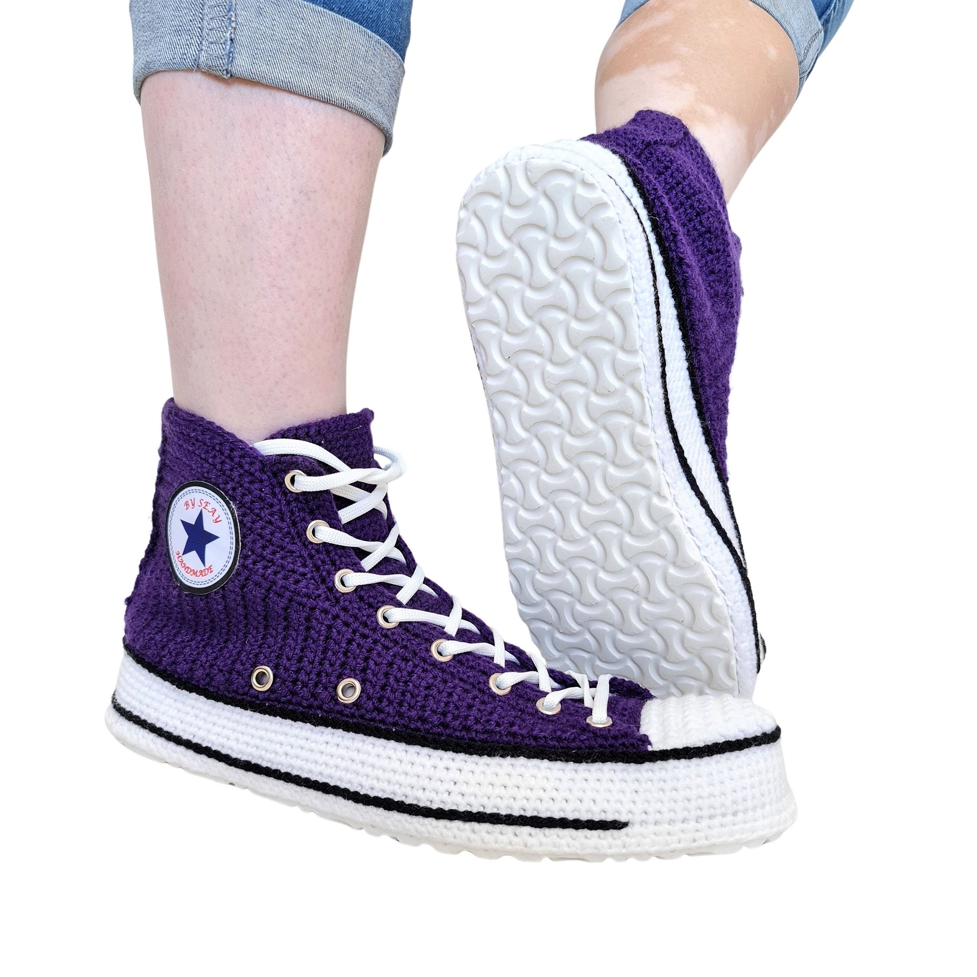 Dark Purple Converse Crochet Custom Slippers Custom Sneakers Plush Shoes - Byseay