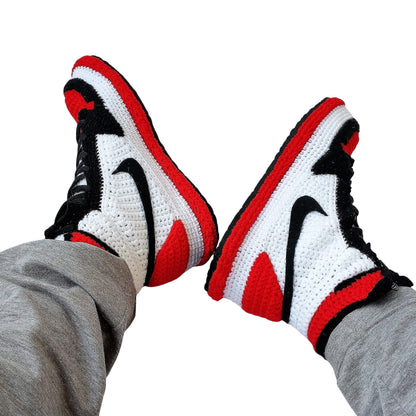 Jordan Bred Toe Retro Sneaker Slippers Plush - Flyknit Banned Goods Jumpman Basketball House Shoes - Knitting Crochet Handmade Booties Socks