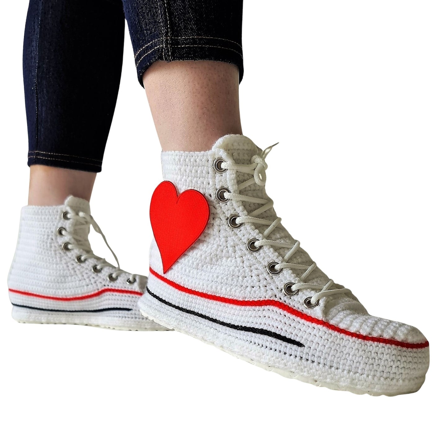 White Converse Embroidery Love Heart Patch High Tops Platform Sneakers Slippers Plush Shoes - Cute Sexy Design Custom House Socks Booties