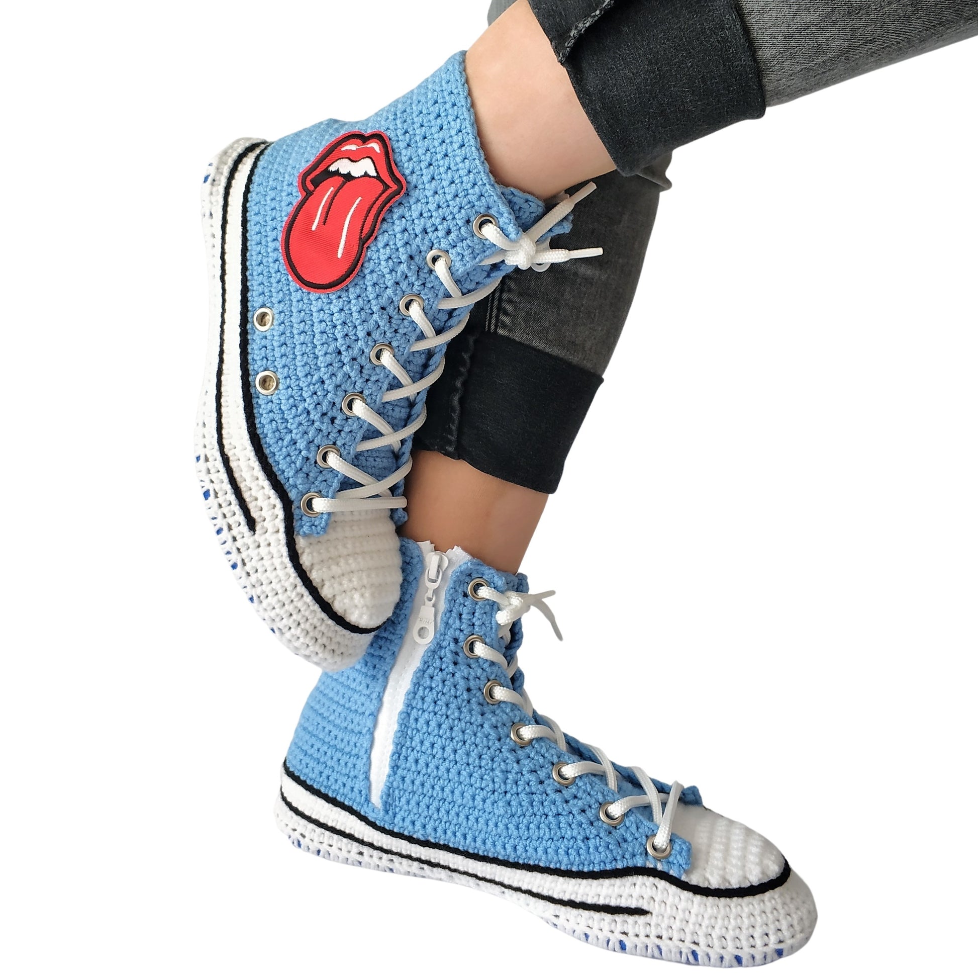 Converse Red Lips Custom Embroidery Kiss Patch Sexy Sneakers Slippers - Banned Goods Platform Plush Shoes - Blue Handmade Wool Socks Boots - byseay