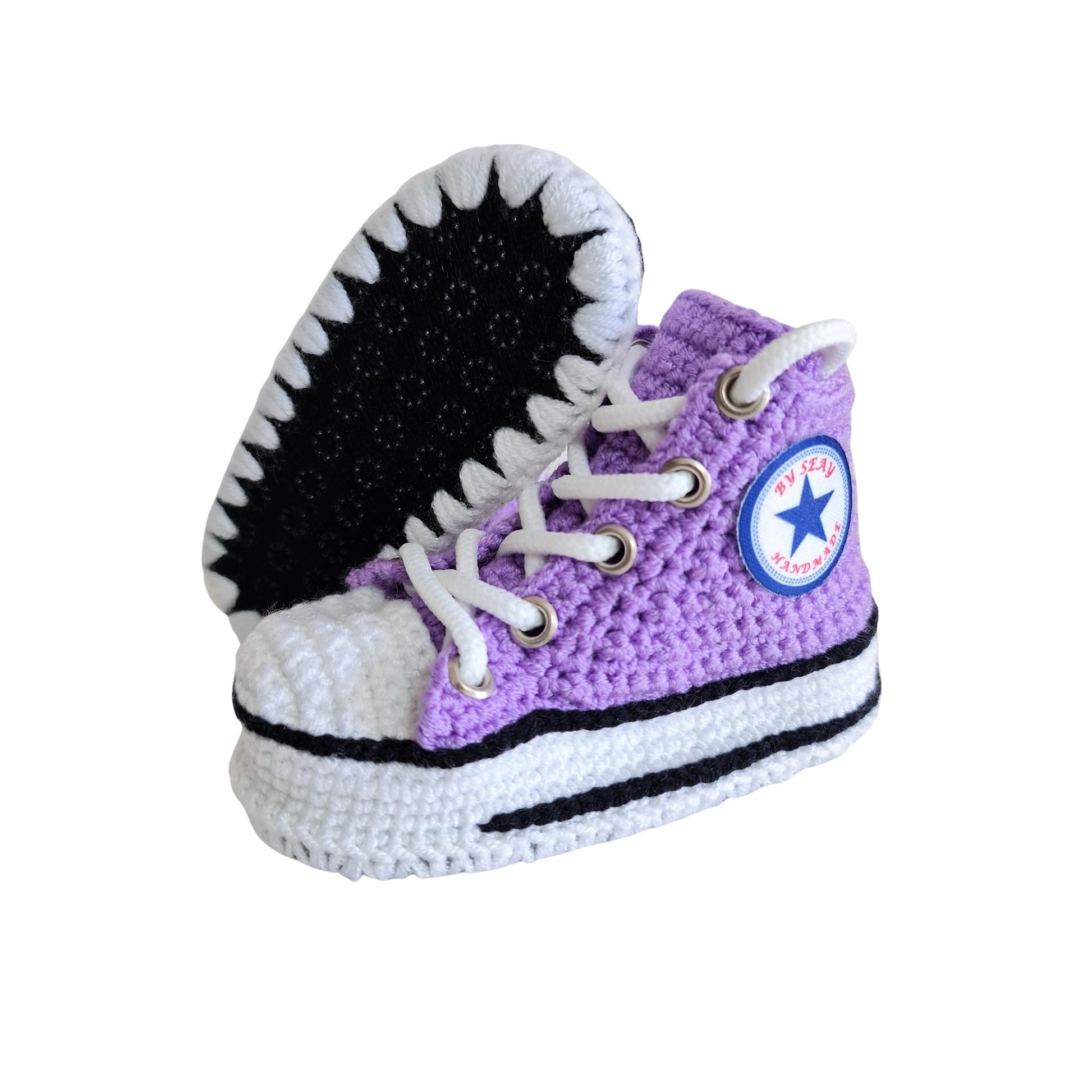 Purple Baby Canvas Booties Handmade Crochet Sneakers Slippers, Newborn Knitted Warm Winter Cute House Shoes, Cotton Sneaker Style Kids Socks