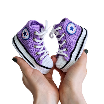 Purple Baby Canvas Booties Handmade Crochet Sneakers Slippers, Newborn Knitted Warm Winter Cute House Shoes, Cotton Sneaker Style Kids Socks