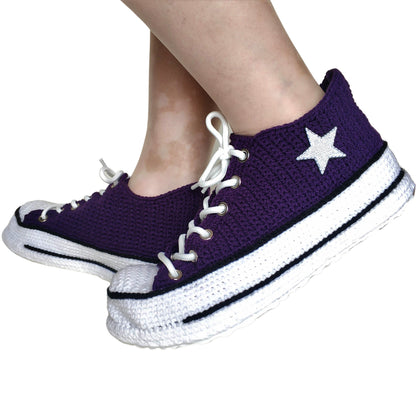 Purple Converse Platform Low Tops Sneakers Plush Slippers - Embroidered Star Patch Custom Handmade House Shoes - Soft Booties Socks Boots - byseay