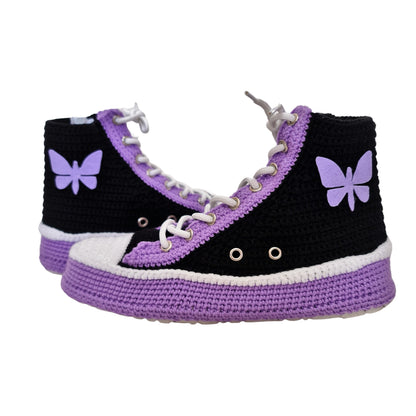 Crochet Knit Handmade Converse-like Women's Indoor Slippers Purple Butterfly Patch - Custom Sneakers Multi-colored Embroidered Plush Shoes