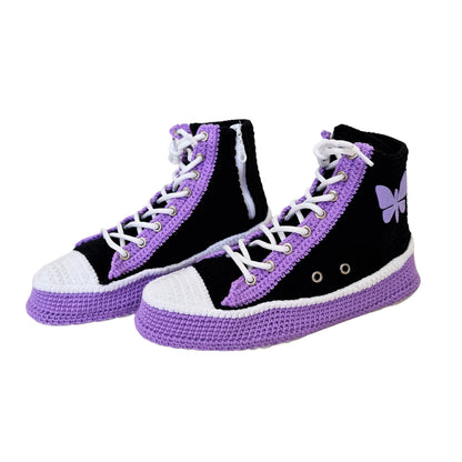 Crochet Knit Handmade Converse-like Women's Indoor Slippers Purple Butterfly Patch - Custom Sneakers Multi-colored Embroidered Plush Shoes