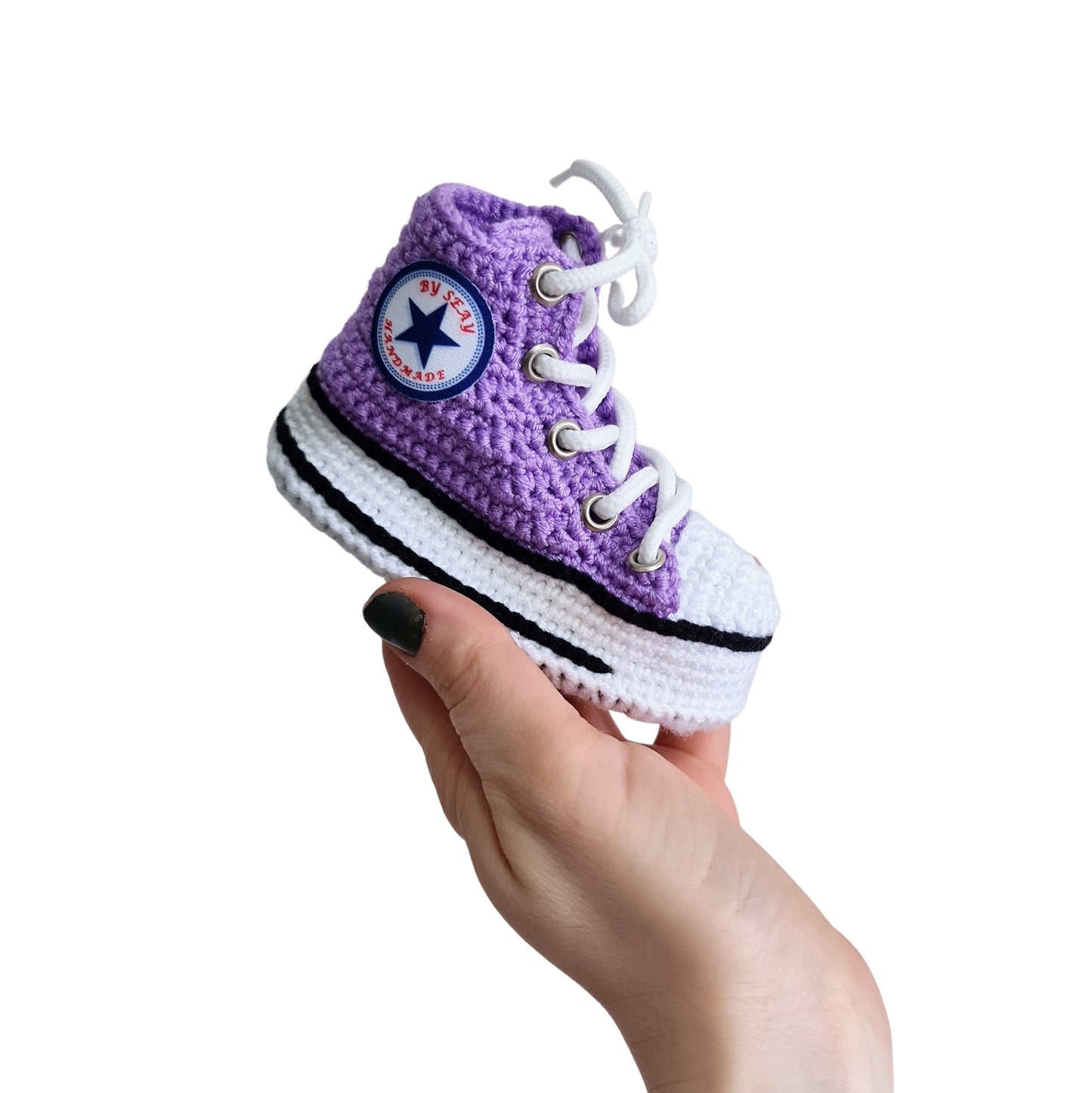 Purple Baby Canvas Booties Handmade Crochet Sneakers Slippers, Newborn Knitted Warm Winter Cute House Shoes, Cotton Sneaker Style Kids Socks